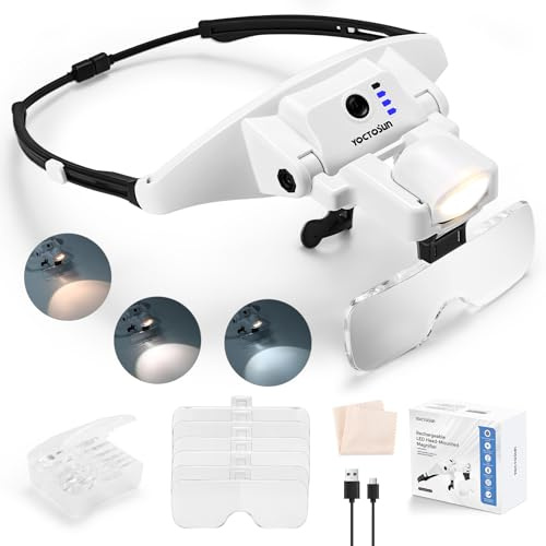 YOCTOSUN Magnifying Glass with Light, Magnifying Glasses with 6 Lenses 1.0X–4.0X, Rechargeable Headset Magnifier with 3 Light Colors,Magnetic Headband, Head Magnifying Visor for Crafts Sewing Jewelry