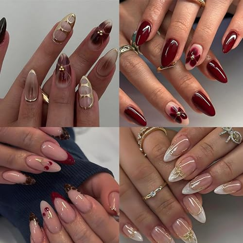 96PCS Almond Press On Nails Kit, Mixed Design False Nails with Burgundy, Floral, Cherry, French Tip and Gold Line Art Styles, Includes Jelly Adhesive Tabs and Storage Box