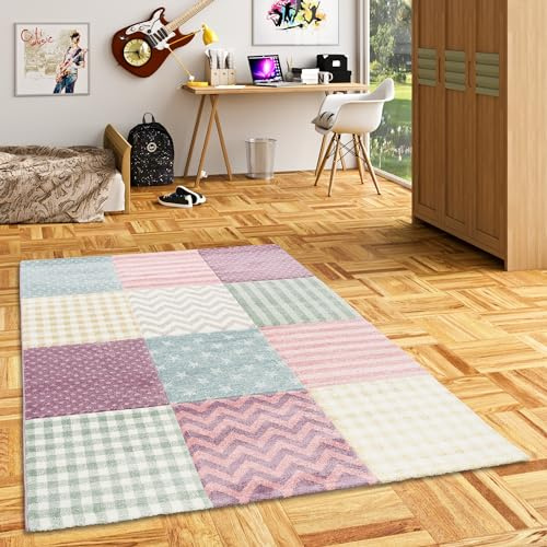 Maui Kids - Alfombra Infantil - Diseño a Cuadros - Estampado con Estrellas - Tonos Pastel - Multicolor en 5 tamaños