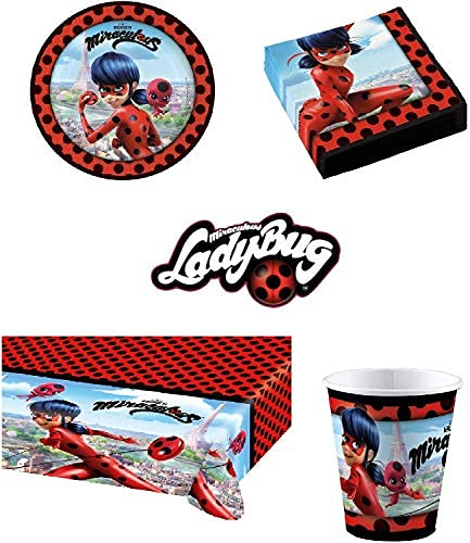 Uni que Miraculous Ladybug Party Deko Set für 16 Kinder ( 16 Teller, 16 Becher, 20 Servietten + 1 Tischdecke ) Kindergeburtstag