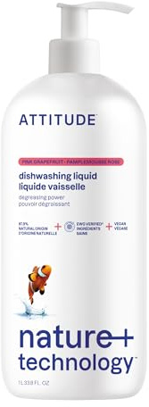 ATTITUDE Washing Up Liquid, EWG Verified, Plant-Based & Vegan Dish Soap, Naturally Derived, Pink Grapefruit Scent, 1 Liter