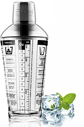 FLOW Barware Glass Cocktail Shaker with Recipes On Side | Glass Cocktail Making Set Includes Spirit Measure, Measuring Glass & Recipes Plus Strainer All in One Shaker Set