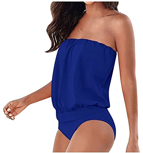 Bikini Bandeau Femme 1 Pieces Cache Maillot de Bain Amincissant Gainant Ventre Plat Sexy Bikini Taille Haute Femme Rembourré Menstrue Bustier Tankini Shorty Vintage Pas Cher Fête Plage Bleu Foncé M