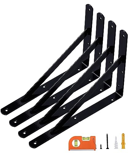 NEODROP 4-Pack 12 Inch Heavy Duty Shelf Brackets, Large Wall Bracket for Garage Storage Shelves, Black Powder-Coated Steel