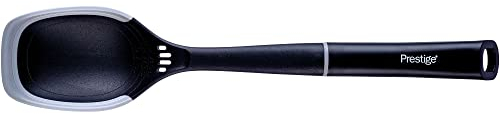 Prestige 2-in-1 Cooking Spoon with Silicone Edge - Large Serving Spoon with Non Scratch Silicone Edges & Measuring Guide, Heat Resistant Kitchen Utensils, 39cm, Black & Grey