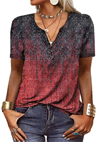 GRMLRPT T-Shirt à Manches Courtes Femme Col V Blouses Femmes Mode Imprimé Tunique Tops Lâche Chemisier pour Femme Basiques Haut(Rouge,S)