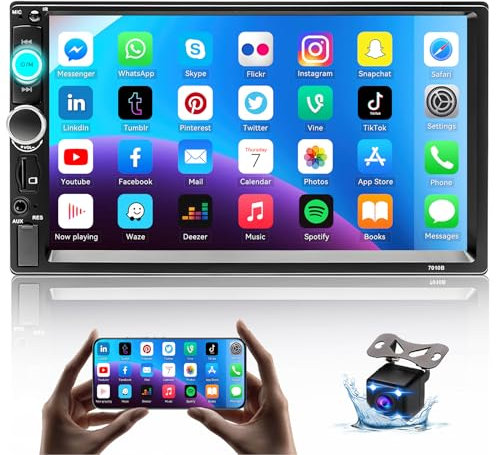 2 DIN Bluetooth Radio de Coche Pantalla táctil de 7 Pulgadas, Autoradio y Cámara de Visión Trasera, FM, SWC, USB AUX SD Input, Mirror Link para iPhone y Android