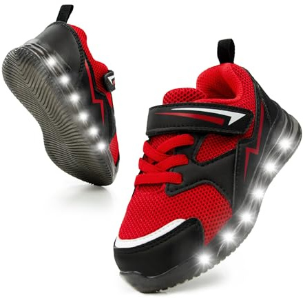 SKYWHEEL Toddler Boy Sneakers Light Up Shoes for Boys Size 5 Kids Wide Toe Box Zero Drop Tennis Shoe with LED Lights Breathable Soft Lightweight Black/Red