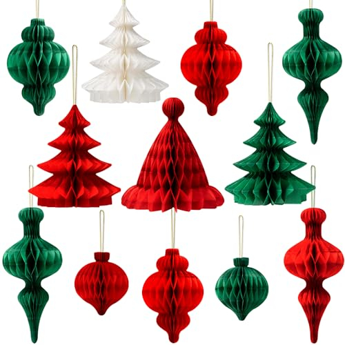 YBwanli Vintage Paper Christmas Decorations,12 PS-Retro Paper Christmas Tree and Bauble Set With Velcro,Traditional Christmas Hanging Decorations Indoor,Xmas Table,Indoor or Office Xmas Decor