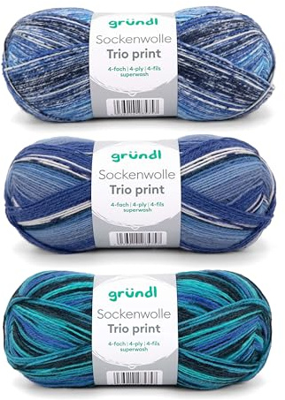 Gründl laine à chaussettes Trio - fil à tricoter pour 3 paires de chaussettes - résistant et agréable à porter - 75% laine,25% polyamide - 3 pelotes 100g/420 m - taille d’aiguille 2,5-3 - bleu