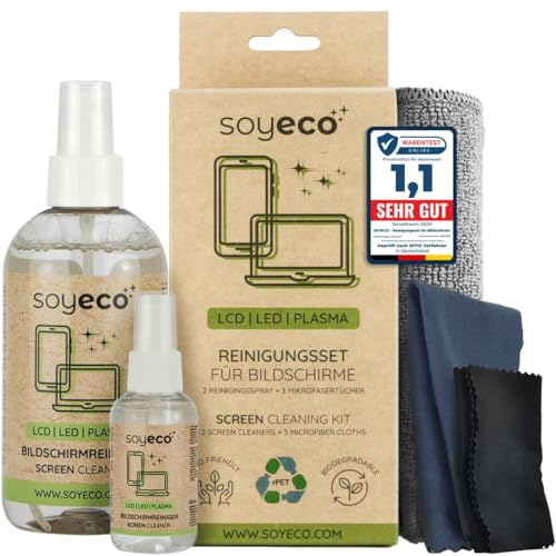 SOYECO Bildschirmreiniger Set 250 & 50ml - inkl. drei Mikrofasertücher - Display Reiniger für Smartphone, Laptop, Tablet, Monitore und TV (LCD/TFT, LED, OLED) - Screen Cleaner (Schadstofffrei)
