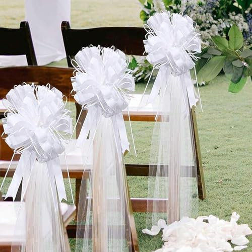 WANYIG 4 Pezzi Autoschmuck Autoschleifen Nastro per Fiocchi Regalo Fiocchi per Sedia con 4X Tulle Decorazione per Matrimonio Auto Gioielli per Matrimonio Compleanno Natale Festa Decorazione (Bianco, 4