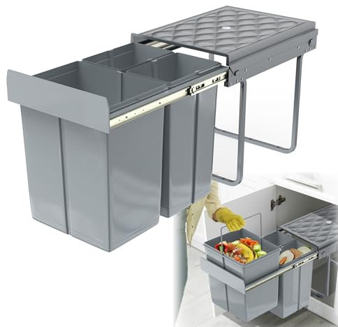 HENGMEI Poubelle encastrable - Poubelle de cuisine - Système de tri sélectif extensible - Avec rails télescopiques - Gris (1 x 20 l + 2 x 10 l)