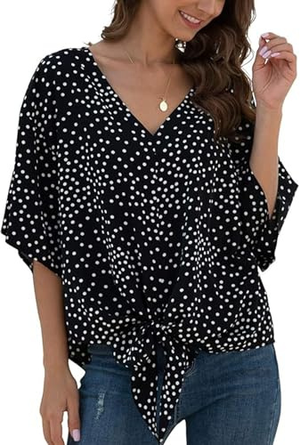 YGJIEGENG Womens Chiffon Tops, Short Sleeve Summer Blouse | Tie Front Blouses, V Neck, Dressy Casual, Batwing Sleeve Ladies Tops, Loose Fit T-Shirts, Going Out, Work