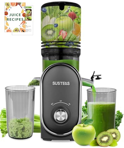 SUSTEAS Máquinas exprimidoras de prensa en frío, canal de alimentación de 13,5 cm (capacidad de 1,5 L), extractor de zumo de masticación lenta de 300 W para frutas y verduras enteras, alimentación