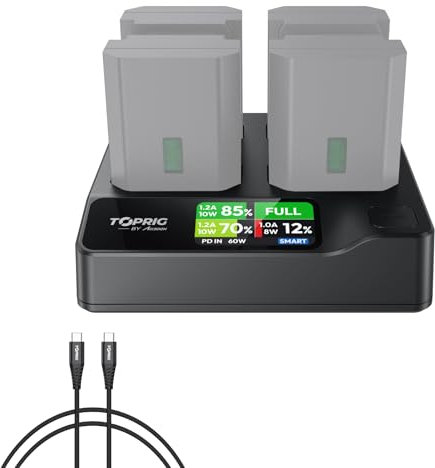 Toprig NP-FZ100 4-Kanal Kamera-Akku-Ladegerät, USB-C PD 60W Schnellladung, LCD-Display, tragbares Design, Kompatibel mit Sony A7iii, A7iv, A7RIII, A7C, FX3, FX30, ZV-E1 Camcorder-AkkuLadegerät