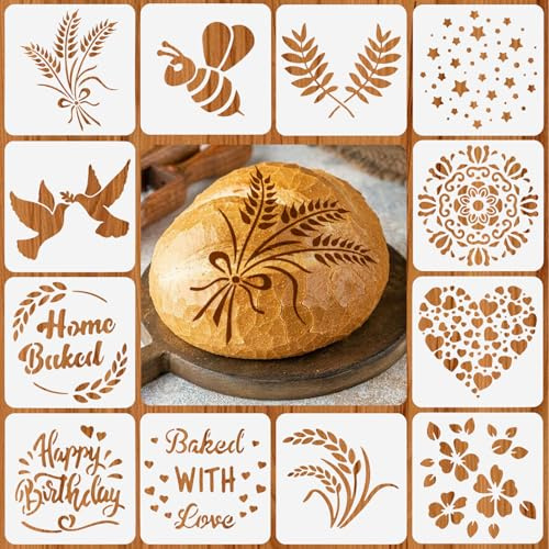 12 Pezzi Stencil per Pane,15 x 15 cm Stencil per Decorare Torte, Disegno DIY,Scrapbook Pareti DIY Decorazione,Motivi Legno e Fiori,Modelli Riutilizzabili in Plastica