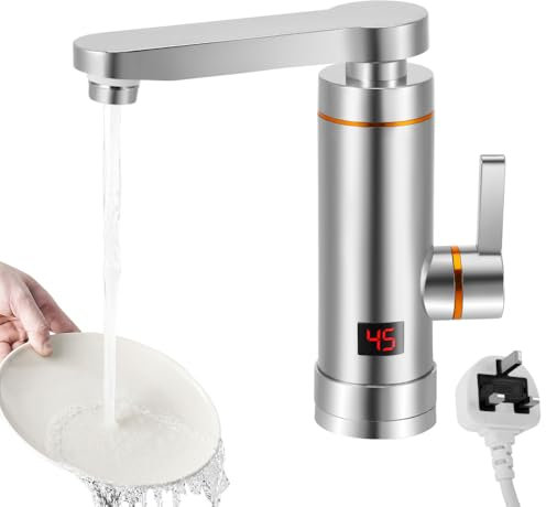 220V 3000W Electric Instant Hot Water Tap, UK Electric Hot and Cold Mixer Water Faucet with LED Digital Display for Home Kitchen Bathroom Washroom