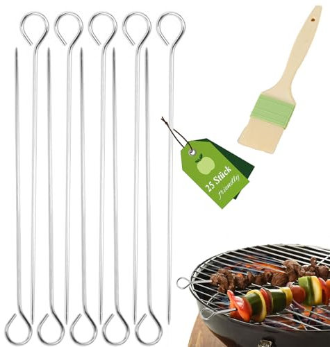 25 spiedini per shish kebab, in acciaio inox, 25 cm, con spazzola per barbecue, spiedini per carne, pollo, gamberetti, frutta, verdura (1)
