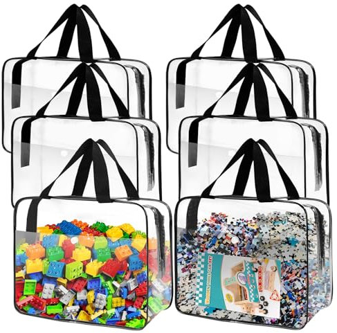 6 Packs Clear Toy Storage Bags, Large Transparent PVC Toy Organizing Bags with Zipper, Reusable Waterproof and Dust-Proof Toy Organizer Pouch for Building Blocks, Puzzles, Small Toys, and Kids Books