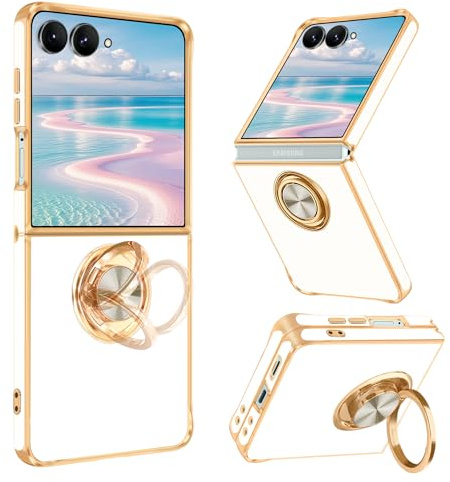 Fingic for Samsung Galaxy Z Flip 7 Case[with 360° Rotatable Ring Holder][Support Magnetic Car Mount] Shiny Plating Gold Slim Fit Thin Soft TPU Bumper Shockproof Case for Galaxy Z Flip 7 for Girls Boy