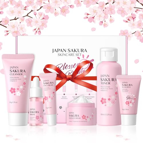 BeauBase Kit per la Cura della Pelle Sakura 6 Pezzi, Skin Care Ragazza 12 Anni, con Detergente, Tonico, Siero, Crema Contorno Occhi, Crema Viso e Crema Solare, Cura Delicata per Tutti i Tipi di Pelle
