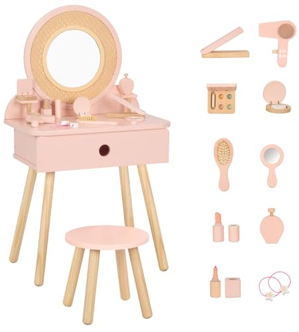 OOOK Kids Dressing Table, Pink Kids Vanity Table and Chair with 11 Pcs Wooden Makeup Set, Pretend Dresser Desk Chair Set, Girls Vanity for 3 Year Old and Up