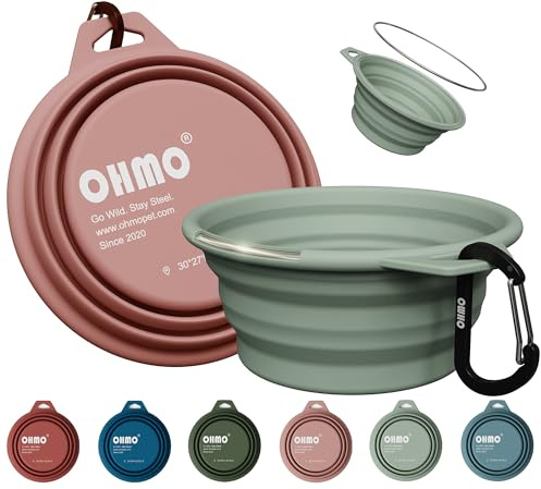 OHMO Gamelle Pliable pour Chien et Chat avec Anneau en Acier INOX Intégré, Lot de 2 Bols en Silicone 400 ML, Gamelle de Voyage Portable pour Promenade et Camping, Vert Clair et Rose Corail