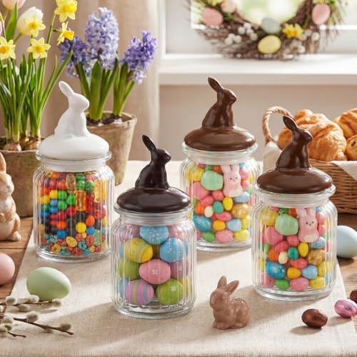 Ferrochef 4 Pcs Easter Rabbit Glass Jar with Cap Chocolate Rabbit Shape Candy Jar Chocolate Themed Decorative Resin Brown Bunny Figure for Easter Spring Party Tea Cookie Biscuit Table Decor