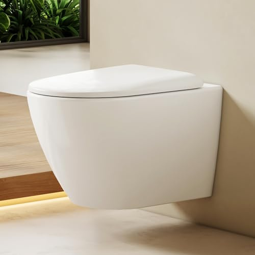 EMKE WC sospeso bianco, 490 × 370 × 370 mm, WC da parete, senza bordi, con doppio foro controcorrente e risciacquo multiforo, in ceramica, con chiusura morbida e funzione di sgancio rapido