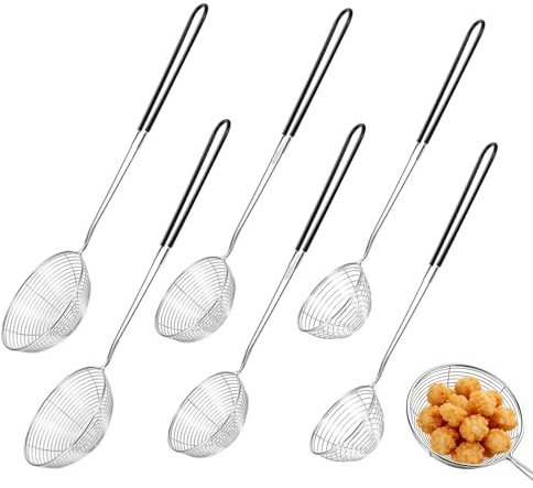 Set med 6 teskedar i rostfritt stål – 28 cm, 29 cm, 31,5 cm – Hållbar fondueskimmer och durkslag med långt handtag, diskmaskinssäker för hotpot, fondue, stekning och matlagning