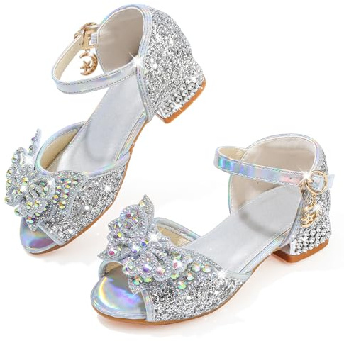 Mokayu Girls Sandals Glitter Princess Mary Jane Pump Shoes Open Toe Toddler Low Heels Sandals Dress Up Shoes Bling Bowknot Party Wedding Birthday Prom Cosplay Shoes Silver UK8