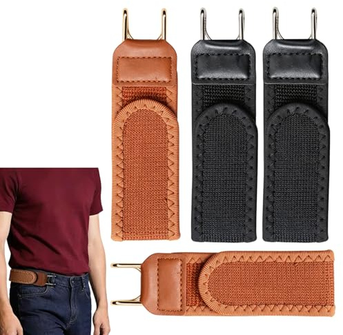 Lot de 4 Pièces Ceinture Élastique Sans Boucle Homme, Ceinture Taille Latérale Réglable avec Crochet Métallique Solide, Design Confortable Sans Boucle pour Jean et Pantalon de Ville, 2 Marron + 2 Noir