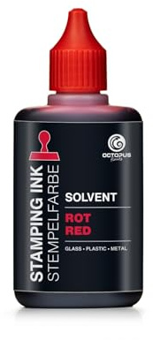 Octopus tinta para sellos al disolvente de 50 ml, roja, resistente al agua, tinta para sellos con base de disolvente para superficies no absorbentes y no porosas, transparente