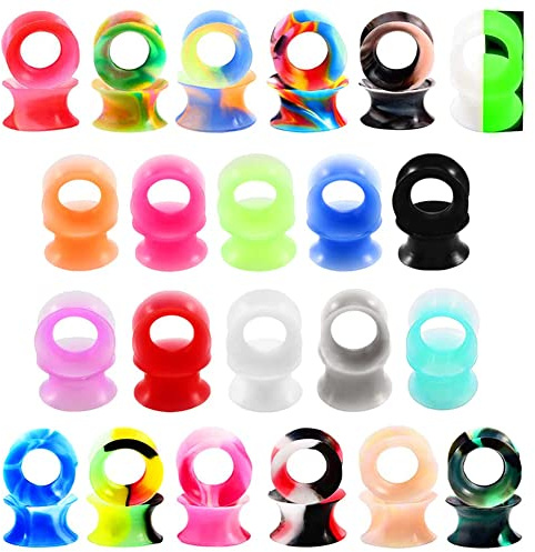 Alphapierce 22Pairs Soft Silicone Ear Gauges Plugs Double Flared Tunnels Flexible Ear Piercing Stretchers Colorful Set 2g-5/8, 0g(8mm), Silicone