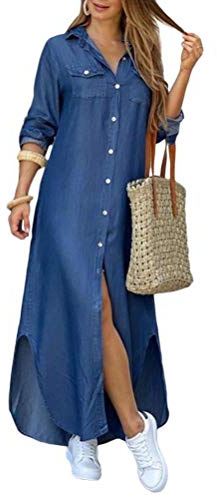 ORANDESIGNE Vestiti Jeans Donna Estivi Vestiti Camicia Maniche Corte Estate Blu Casual Vestito Scollo a V Camicia Vestito Denim Maxi Dress C Blu 46