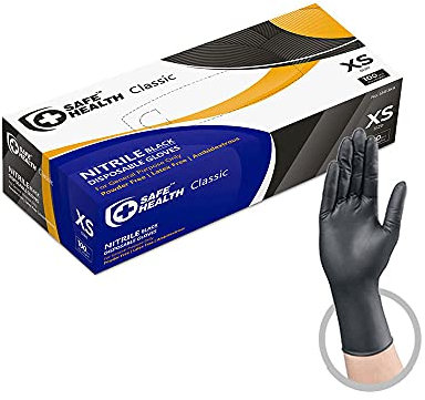 Safe Health Nitrile Black Industrial Disposable Gloves - XS | 3.5 Mil Box of 100 | Powder Free - Latex Free | Tattoo - Beauty Salon - Hair Nail Studio - Auto Repair