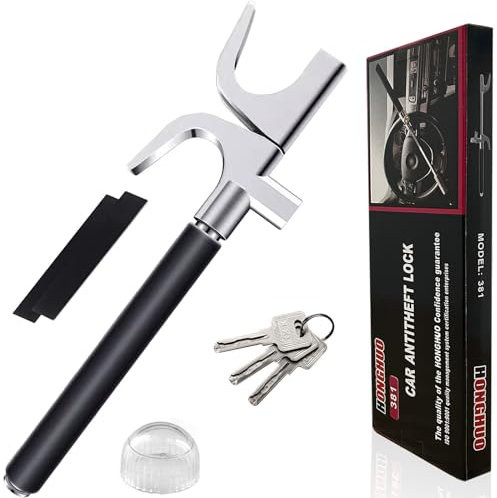 Steering Wheel Lock, Car Lock Steering Wheel, Vehicle Anti Theft Lock with 3 Keys, Adjustable Double Hooks Heavy Duty Safety Hammer, Handy Tool Breaking Windows for Van/SUV/Auto/Truck Black