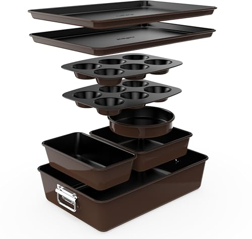 NutriChef Set Padelle Antiaderenti da 8 Pezzi, Teglia Rotonda, da Plumcake, per Muffin, Teglie Ampie/Quadrate, Teglia per Biscotti, Marrone