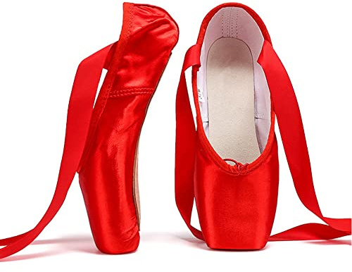 Chaussures de Ballet de Pointe Rose Noir Rouge Chaussure de Danse avec Satin Rubans pour Ballerines Femme Fille Enfants et Adulte(30 EU,Rouge)