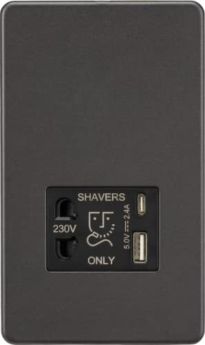 Knightsbridge Prise rasoir sans vis avec double USB A+C (5 V CC 2,4 A partagé) – Bronze fumé