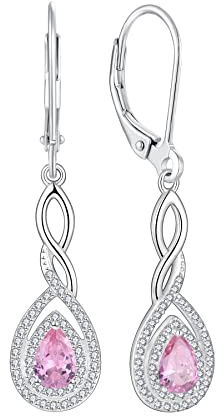 FJ damer örhängen födelsesten 925 sterlingsilver droppar hängande örhängen oändlighet infinity smycken gåvor för kvinnor mor flickvän mamma, Sterlingsilver, Rosa turmalin