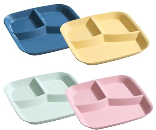 4 Pcs Divided Plates Plastic Dinner Set Reusable Lightweight Square Trays | 3-Compartment Portion Control Plates Dishwasher & Microwave Safe Home Canteen Picnic Camping and Outdoor Use for Adults