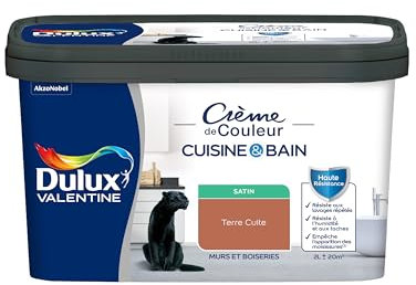 Dulux Valentine Peinture Intérieure Crème de Couleur Cuisine et Salle de Bain - Pièces Humides Murs et Boiseries - Résistant aux taches et à l'humidité - Satin Terre Cuite 2 L