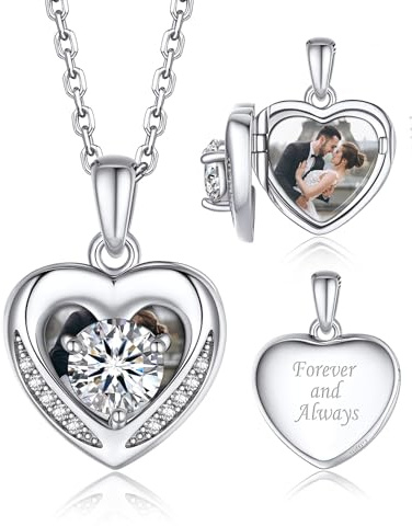 MomentWish Heart Locket Necklace with Photo, Birthday Gift for Wife, 1Carat Moissanite Picture Necklace for Women, 925 Sterling Silver Heart Necklace, Personalized Lockets for Mom Family