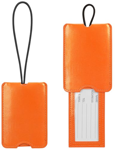 FYY Luggage Tag - 2 Pack PU Leather Luggage Tags for Suitcases with Name ID Card Travel Tags Labels with Privacy Cover for Baggage Handbag School Bag Suitcase Orange