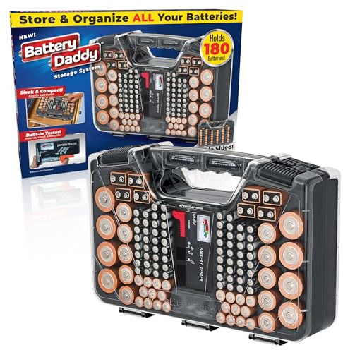 Ontel Battery Daddy Storage & Organizer Case with Tester, Stores & Protects Up to 180 Batteries, Double-Sided, Durable Design W/Clear Locking Lid, Secure Latches & Portable Carrying Handle - Charcoal