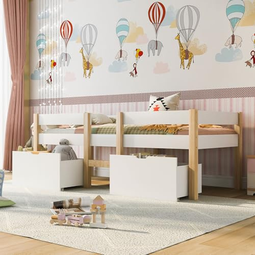 Halvhög säng med fallskydd och stege, massiv furu, skandinavisk design, vitlackerad, förvaringsutrymme under sängen, robust enkelsäng för sovrum
