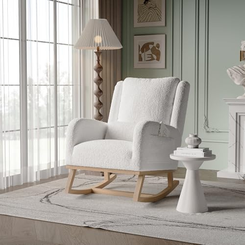 Mecedora para relajarse, sillón balancín, silla de lactancia, silla basculante con tejido de peluche y cojín lumbar y 2 bolsillos laterales, cómodo sillón de lectura para salón (blanco-028)
