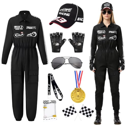 COYBTO Déguisement de Pilote de Course pour Femme, Combinaison Intégrale avec Gants, Casquette et Lunettes de Soleil, Déguisement de Course pour Adulte Carnaval Cosplay Fête Halloween